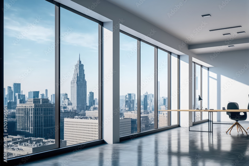 Empty modern office background in city center . Workspace interior design . Clean and bright office 