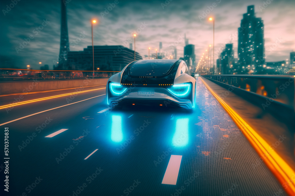 Fast electric car with luxury futuristic autonomous sensor software driving on road in downtown city