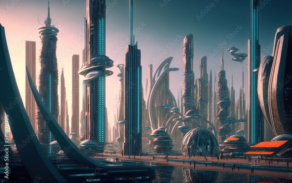 Skyline of futuristic city with fictional architecture in panoramic view . Megalopolis landscape wit