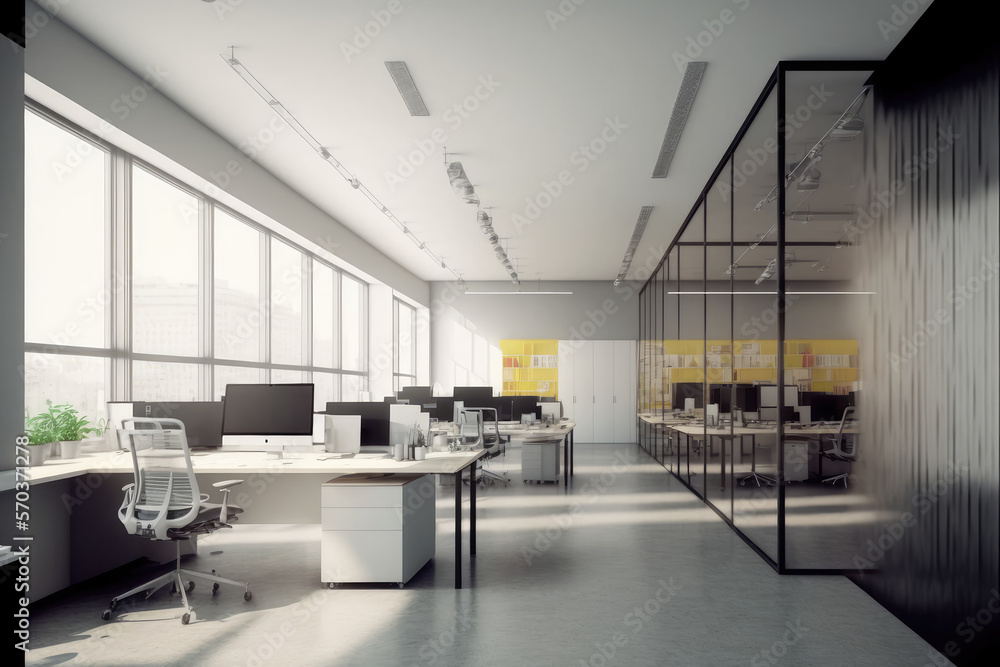 Modern office interior design . Contemporary workspace for creative business. Peculiar AI generative