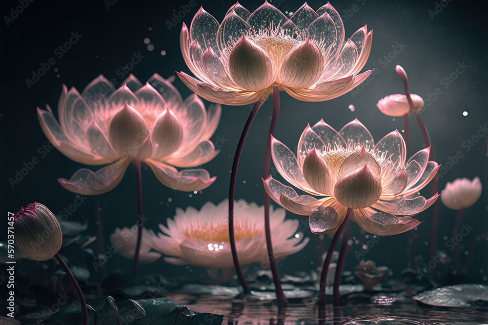 Dreamlike image of light glowing lotus flower or water lily with transparent pink illumination under