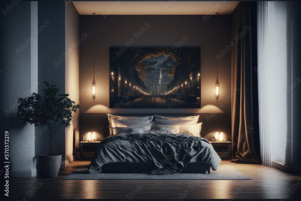 Interior of luxury penthouse bedroom at night. Peculiar AI generative image.