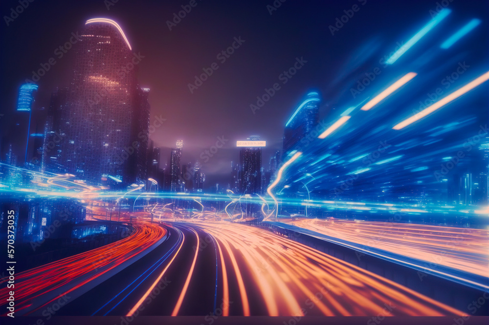 Smart digital city with high speed light trail of cars of digital data transfer . Sublime Generative