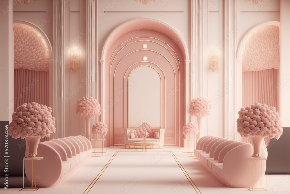 Modern living room interior design decorated in luxurious all pink color monochrome. Peculiar AI gen