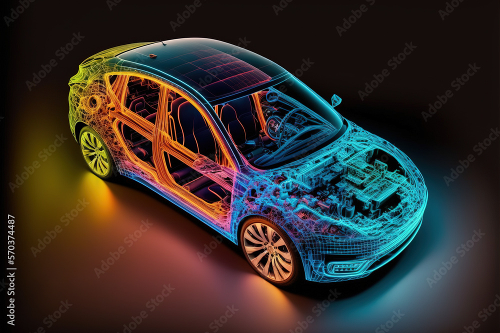 Virtual simulation of future electric car showing wireframe prototype model blueprint in display for