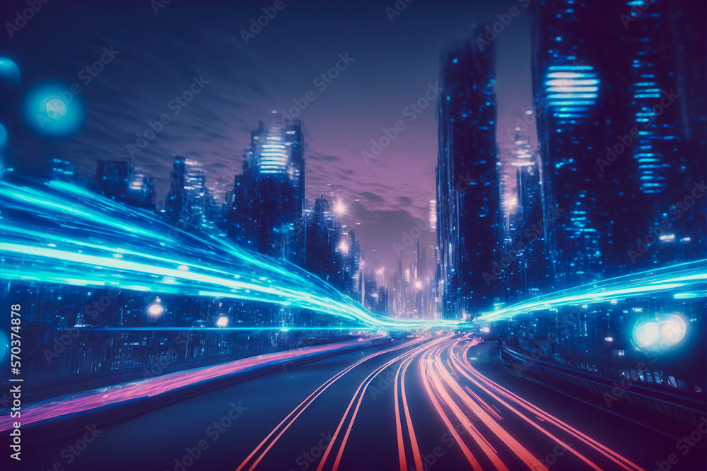 Smart digital city with high speed light trail of cars of digital data transfer . Sublime Generative