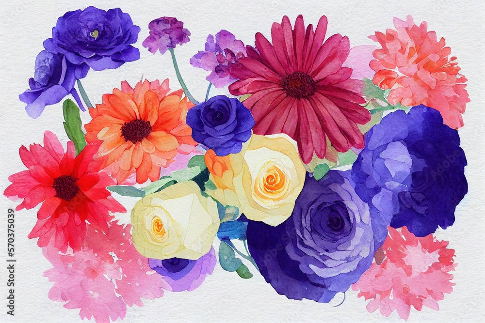 Flower bouquet set watercolor pieces of artwork design. Spring and summer flower nature in style of 