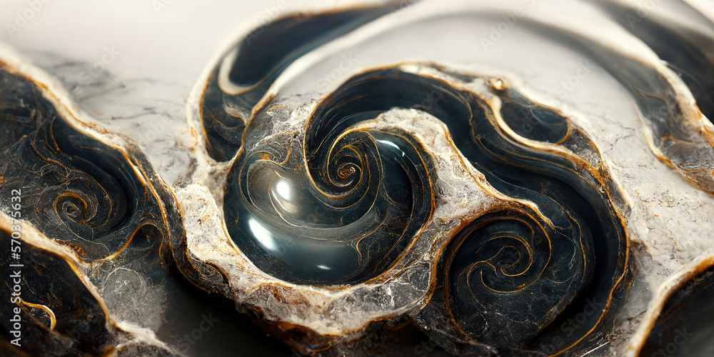 Sedate marco detailed luxurious ocean blue ripple pattern in agate form by alcohol ink. Swirled gold