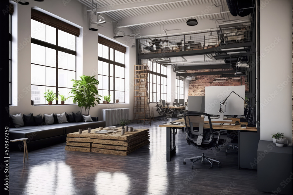 Luxury workspace office decorated with industrial loft modern interior design. Peculiar AI generativ