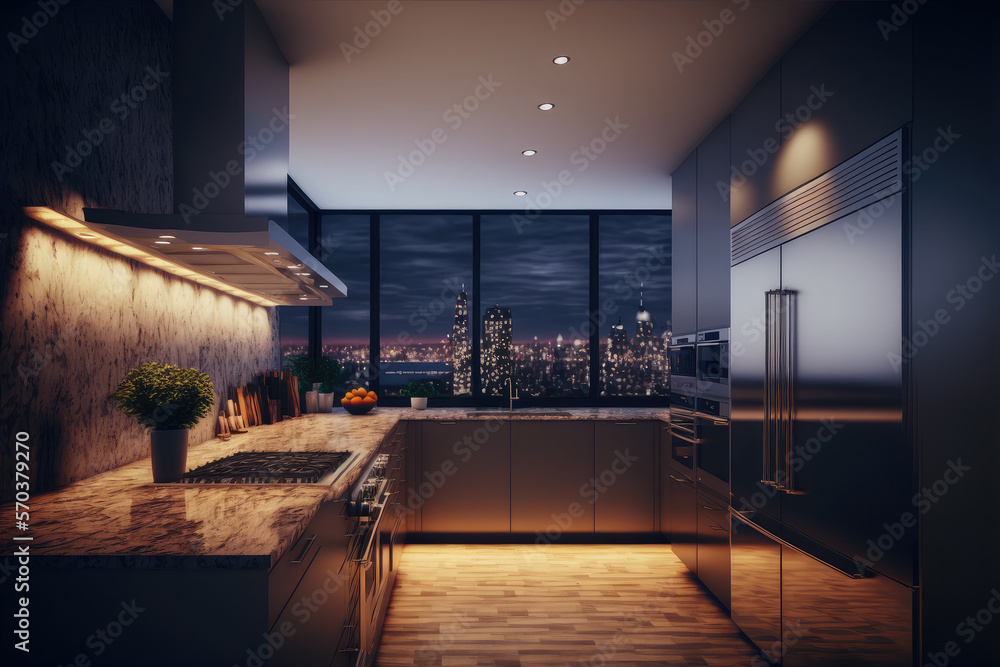 Luxury apartment kitchen at night . Luxury interior decoration design. Peculiar AI generative image.