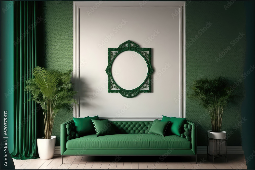 Green modern interior living room design with empty picture frame template for your desired content.