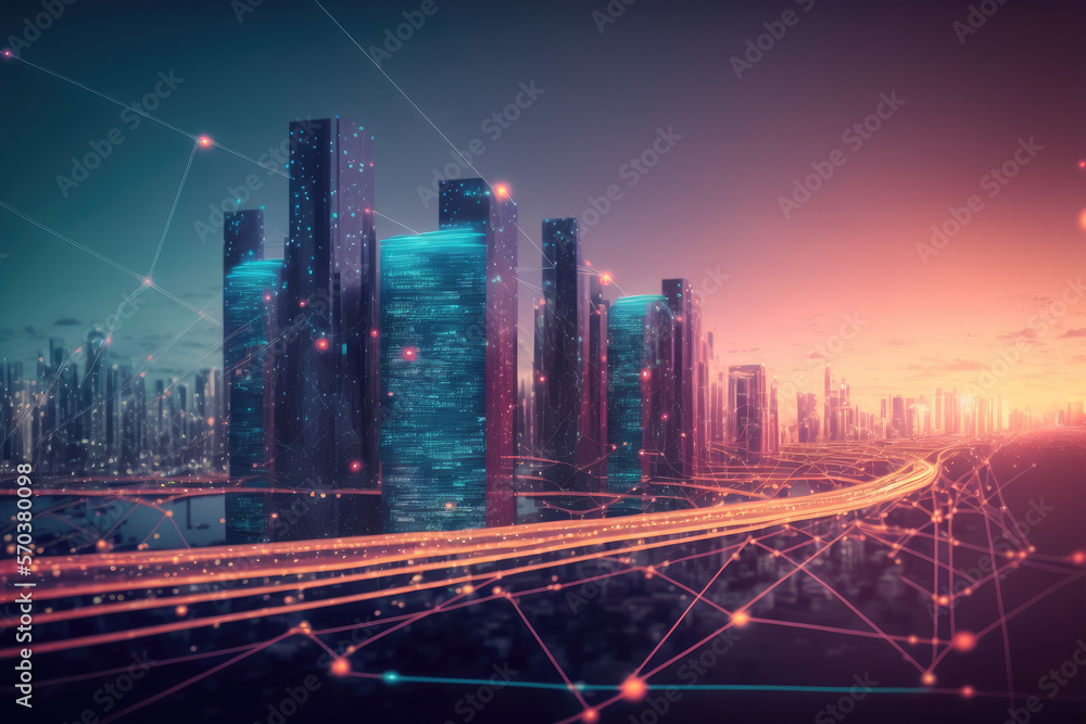 Smart city with communication network graphic connecting the city with wireless internet technology.