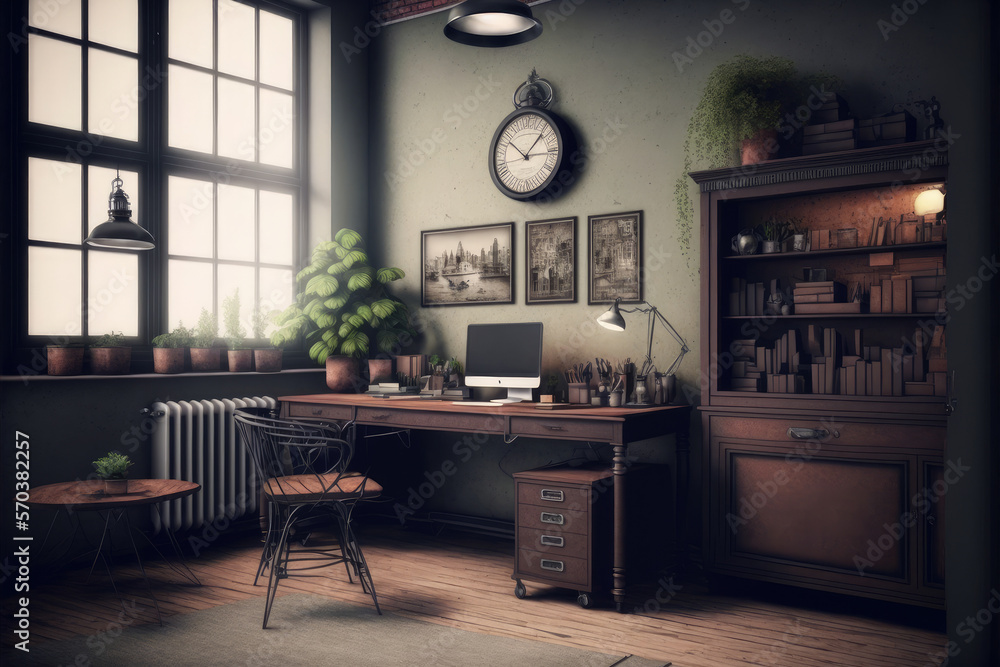 Antique home interior with working space and study desk in elegant room. Peculiar AI generative imag