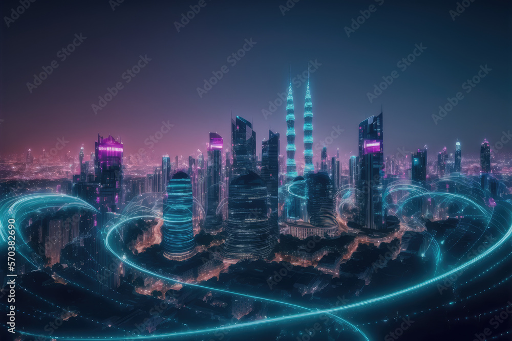 Smart city with communication network graphic connecting the city with wireless internet technology.