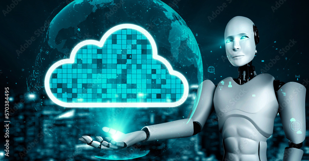 AI robot huminoid uses cloud computing technology to store data on online server . Futuristic concep