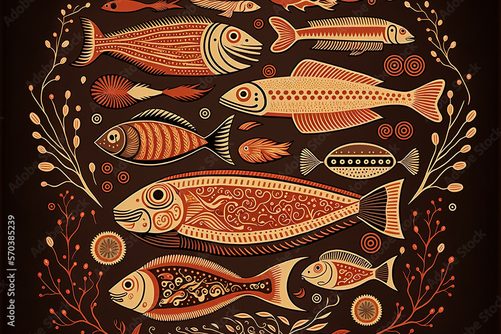 Folk art design of fish pattern wallpaper, red color theme . Sublime Generative AI image .