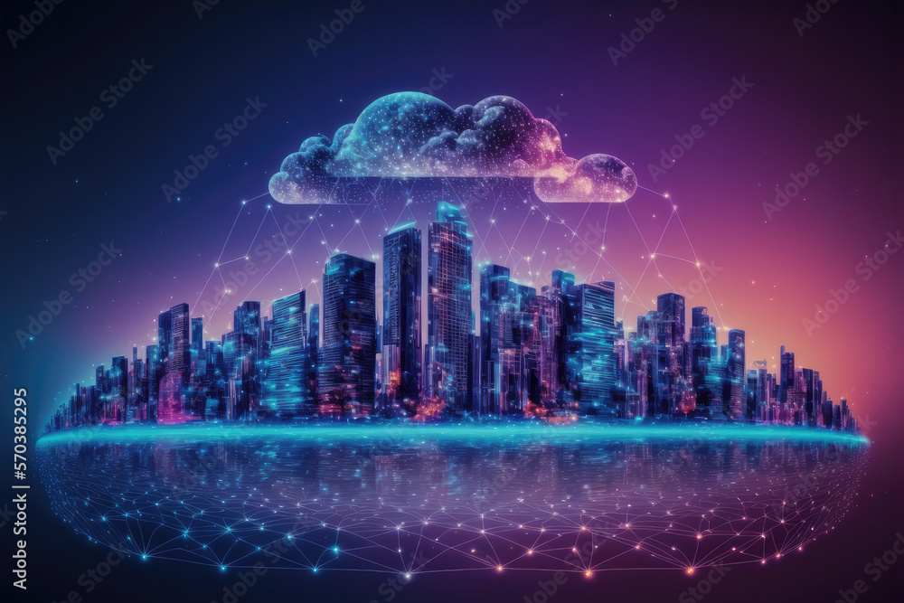 Futuristic smart city internet network connection through wireless system. Peculiar AI generative im