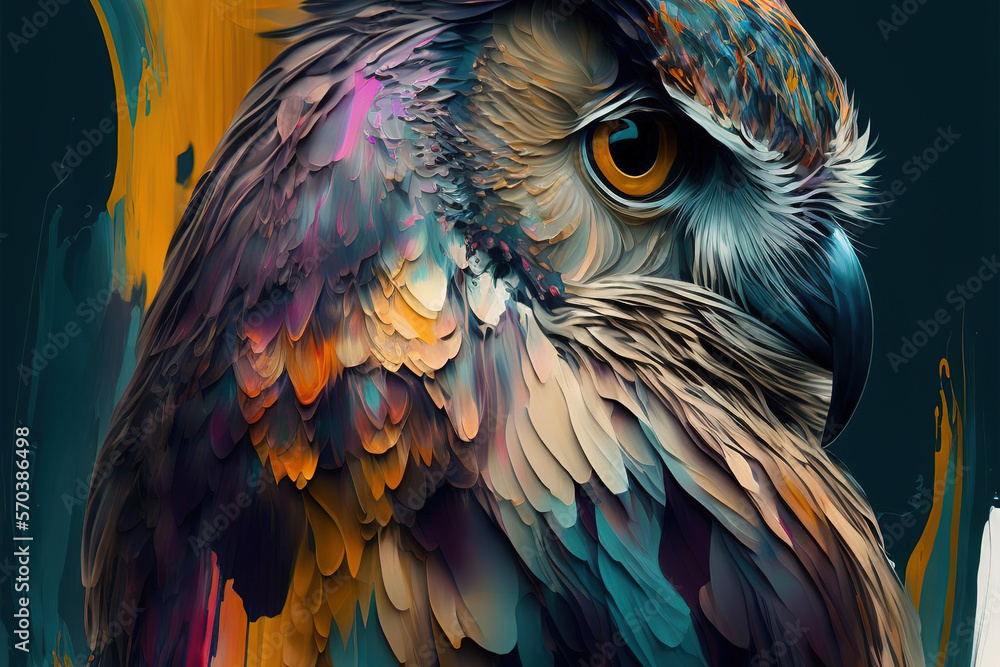 Watercolor painting of owl in style of colorful abstract art . Admirable Generative AI image .