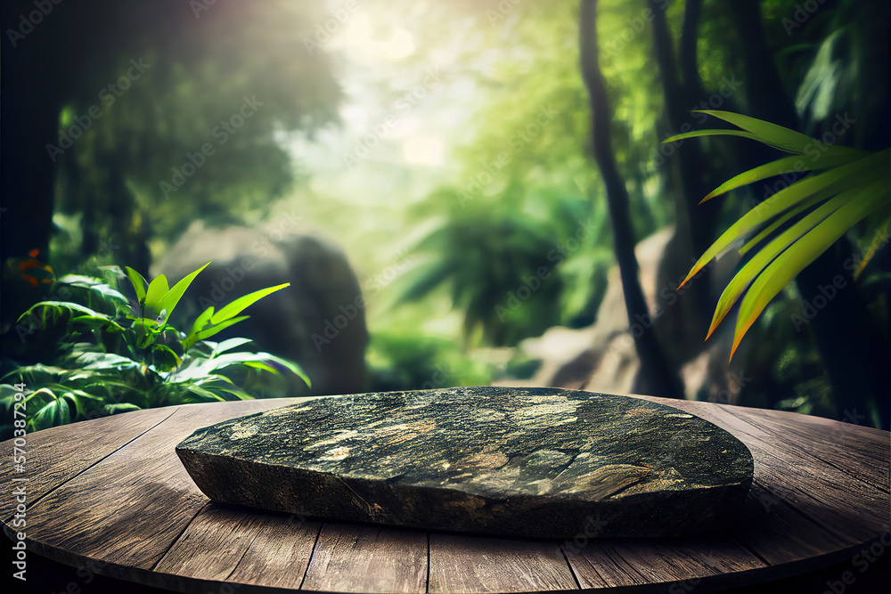 Empty stone table for product advertising display in fresh green jungle blur background . Admirable 