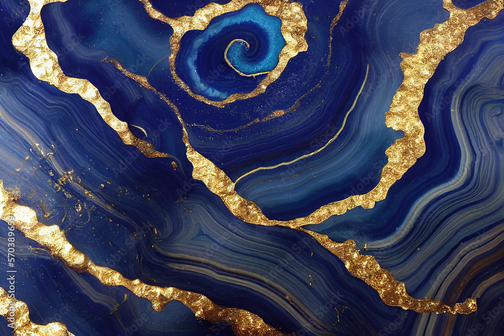 Abstract art background with a fluid marble blue and gold texture. Splendid generative AI luxury abs