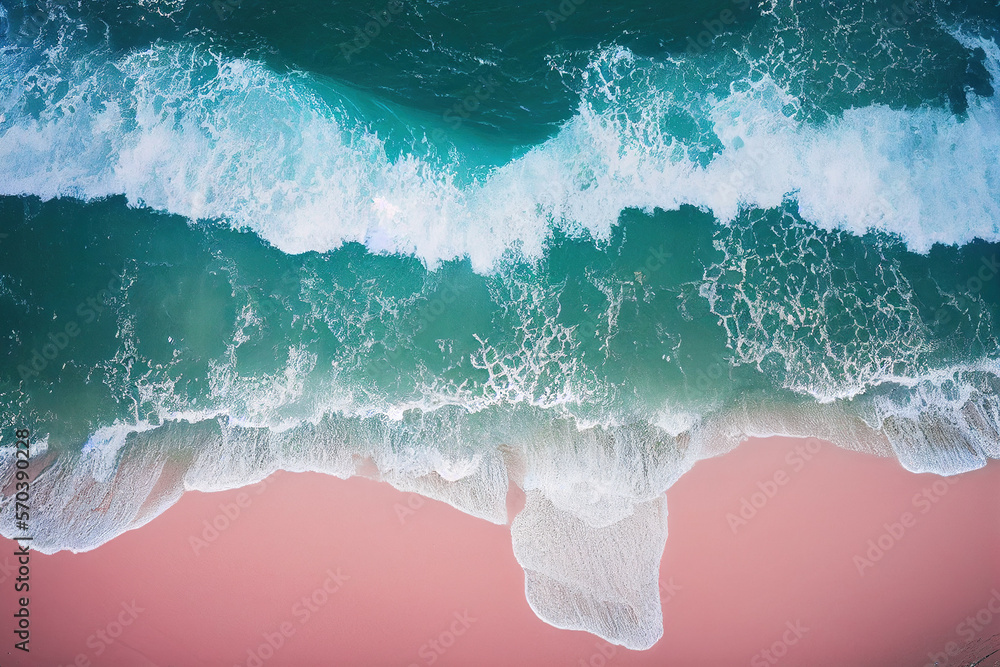 Spectacular top view from drone photo of beautiful pink beach with relaxing sunlight, sea water wave