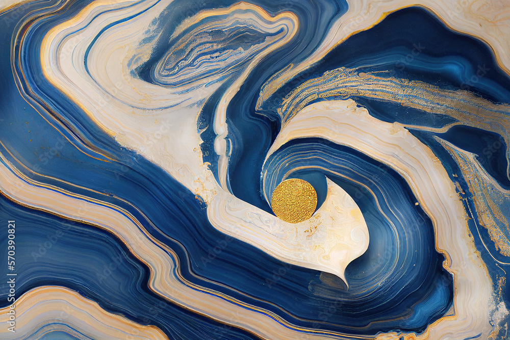 Abstract art background with a fluid marble blue and gold texture. Splendid generative AI luxury abs