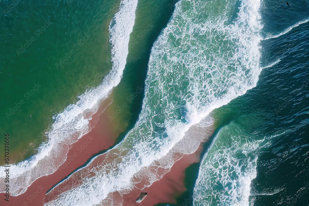 Spectacular top view from drone photo of beautiful pink beach with relaxing sunlight, sea water wave