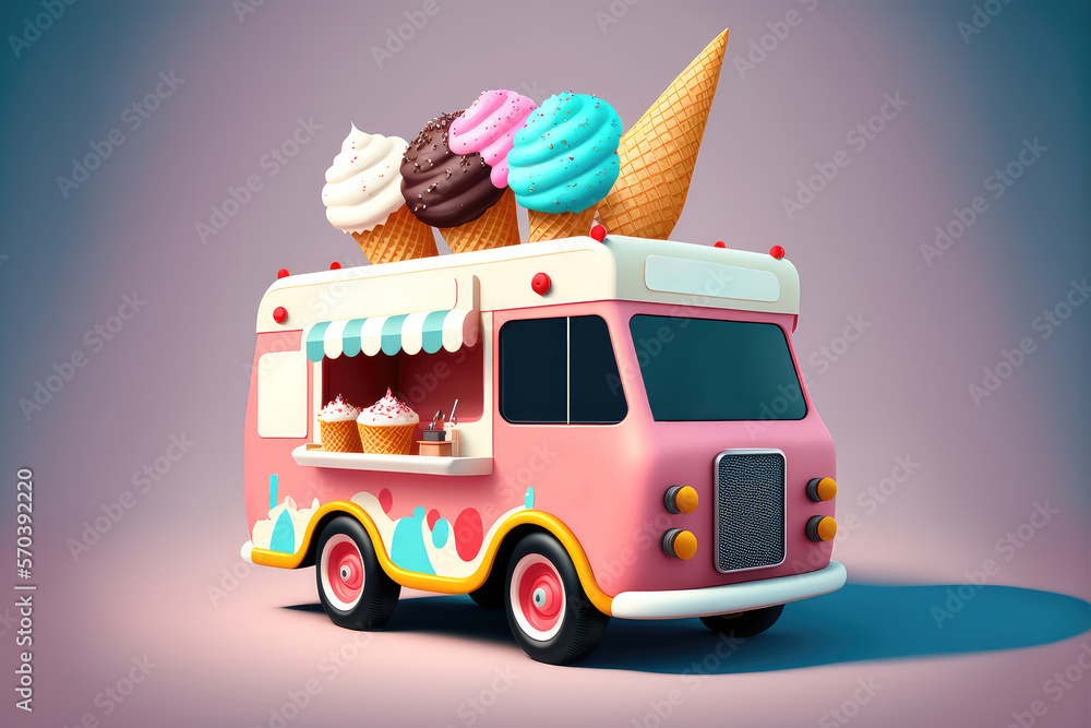 3d Ice cream food truck, isolate van, cartoon car for street food icecream desserts selling. Automob