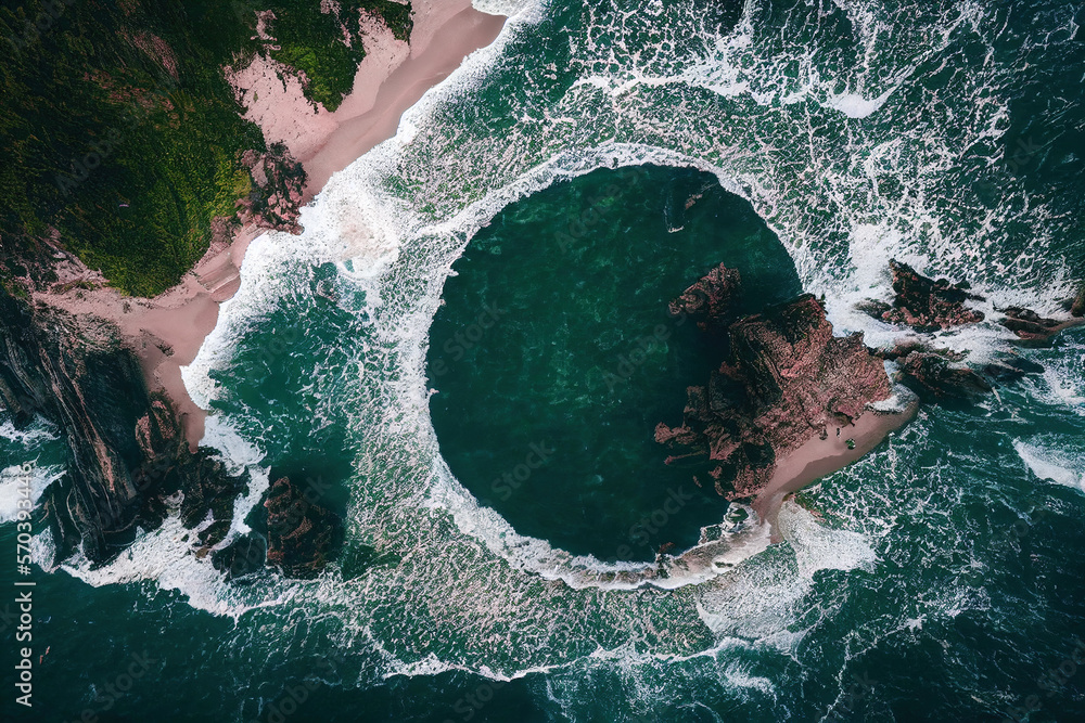 Spectacular drone photo, top view of seascape ocean wave crashing rocky cliff with sunset at the hor