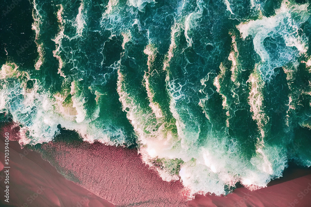 Spectacular top view from drone photo of beautiful pink beach with relaxing sunlight, sea water wave