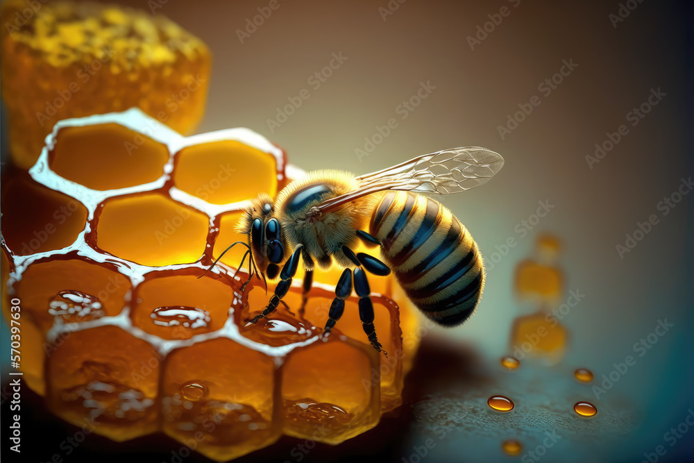 Bee and honey from close up view of nature insect. Peculiar AI generative image.