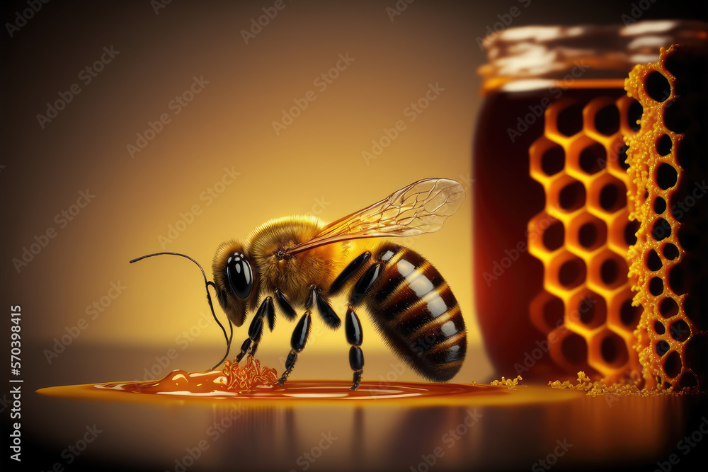 Bee and honey from close up view of nature insect. Peculiar AI generative image.