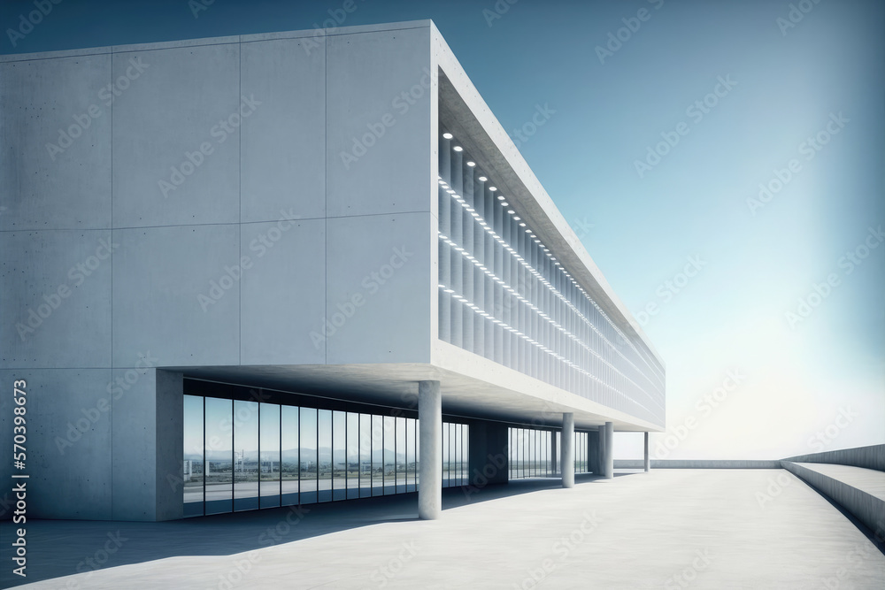 Modern architecture exterior of public hall entrance in urban building outdoor under bright sky with