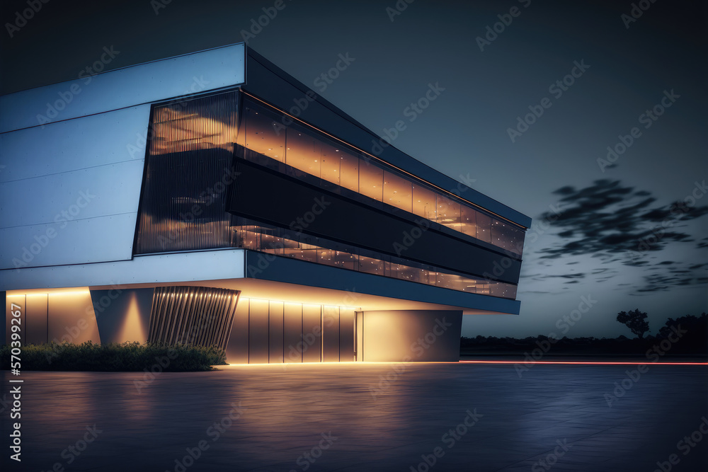 Office buildings and modern architecture at night. Peculiar AI generative image.