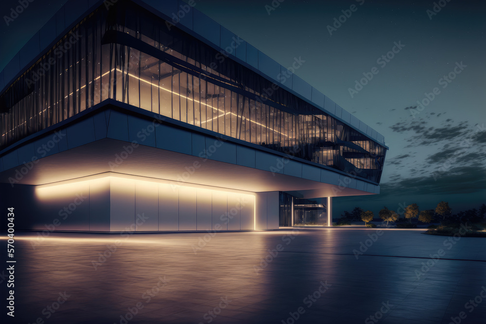 Office buildings and modern architecture at night. Peculiar AI generative image.