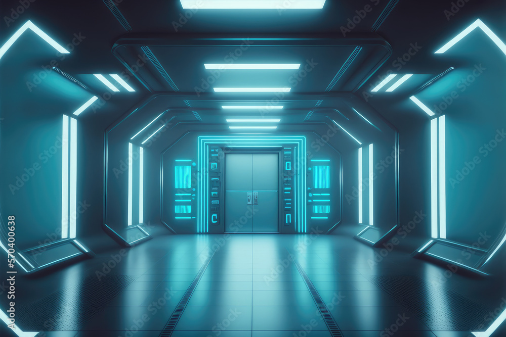 Empty sci-fi futuristic room of spaceship with blue light decoration . Super modern interior design.