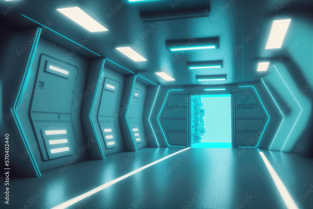 Empty sci-fi futuristic room of spaceship with blue light decoration . Super modern interior design.