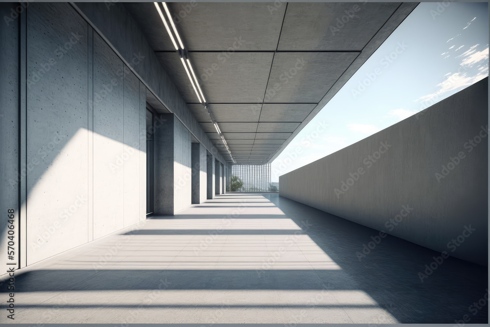 Modern architecture exterior of public hall entrance in urban building outdoor under bright sky with