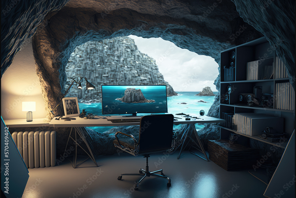 Imaginary home workspace in rocky cave with a large window overlooking ocean ridge landscape . Dream