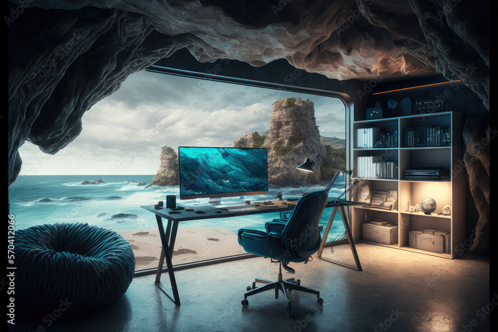 Imaginary home workspace in rocky cave with a large window overlooking ocean ridge landscape . Dream