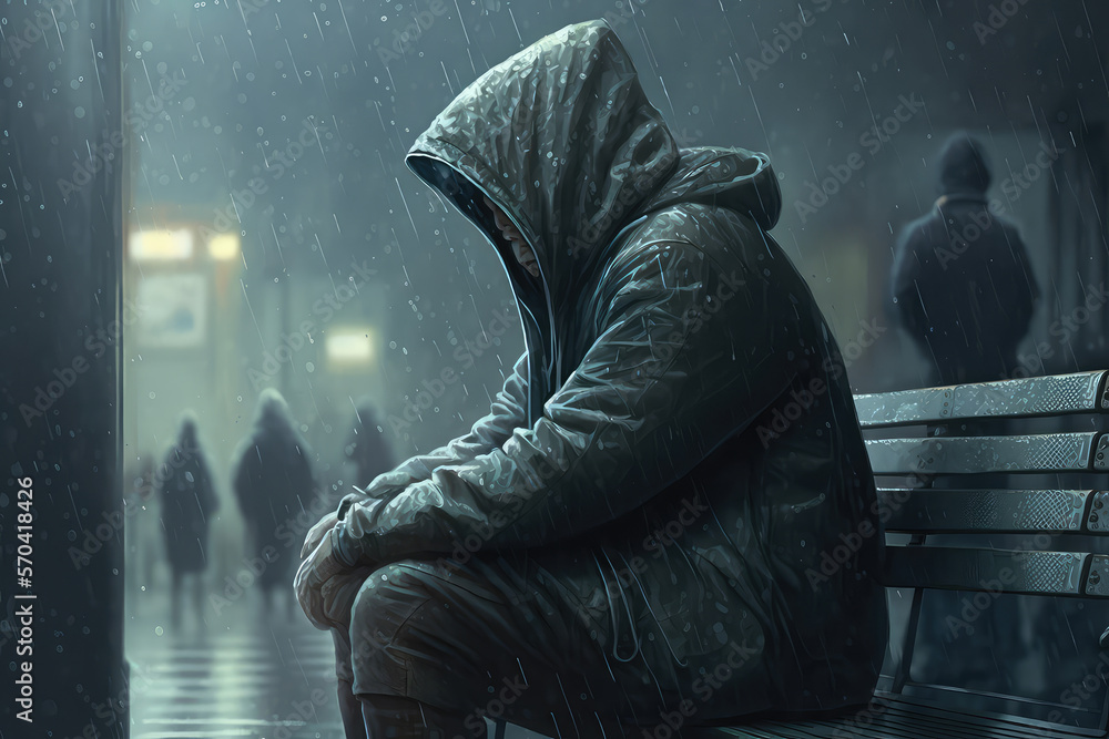 A digital 3d illustration of a man sitting outside in the rain while thinking that he is alone (ai g