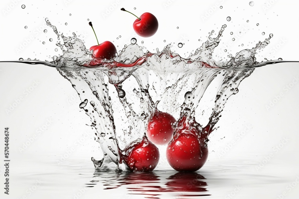 Cherries falling in the water, Fruit, Cherry, Water splash, Isolated on white background, Generative