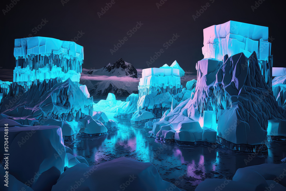 Winter landscape with glaciers. neon light. Blocks of ice on the water in Antarctica. Beautiful wint