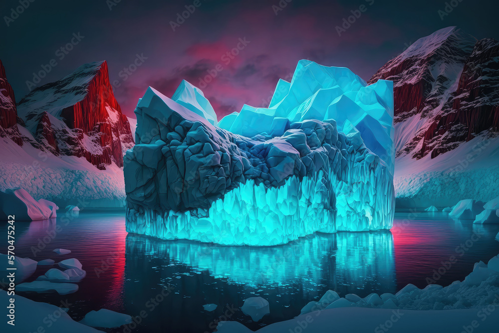 Winter landscape with glaciers. neon light. Blocks of ice on the water in Antarctica. (ai generated)