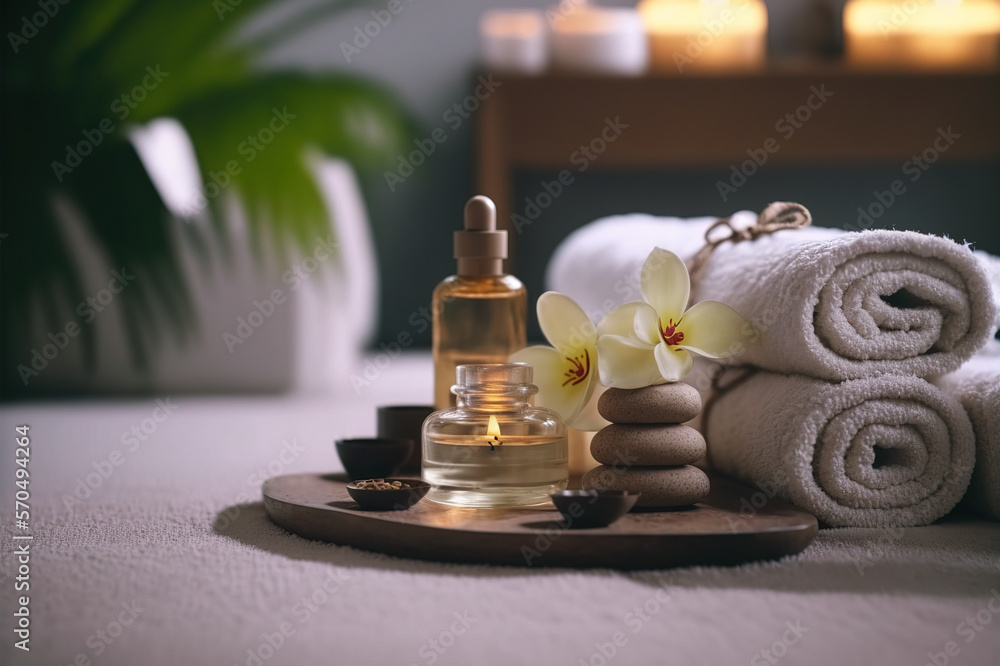 AI Generative image, spa accessory composition set in spa hotel , beauty wellness center . Spa produ