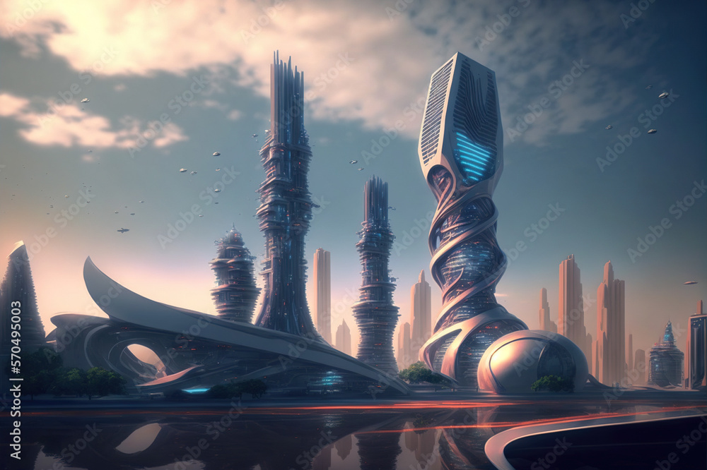 Skyline of futuristic city with fictional architecture in panoramic view . Megalopolis landscape wit