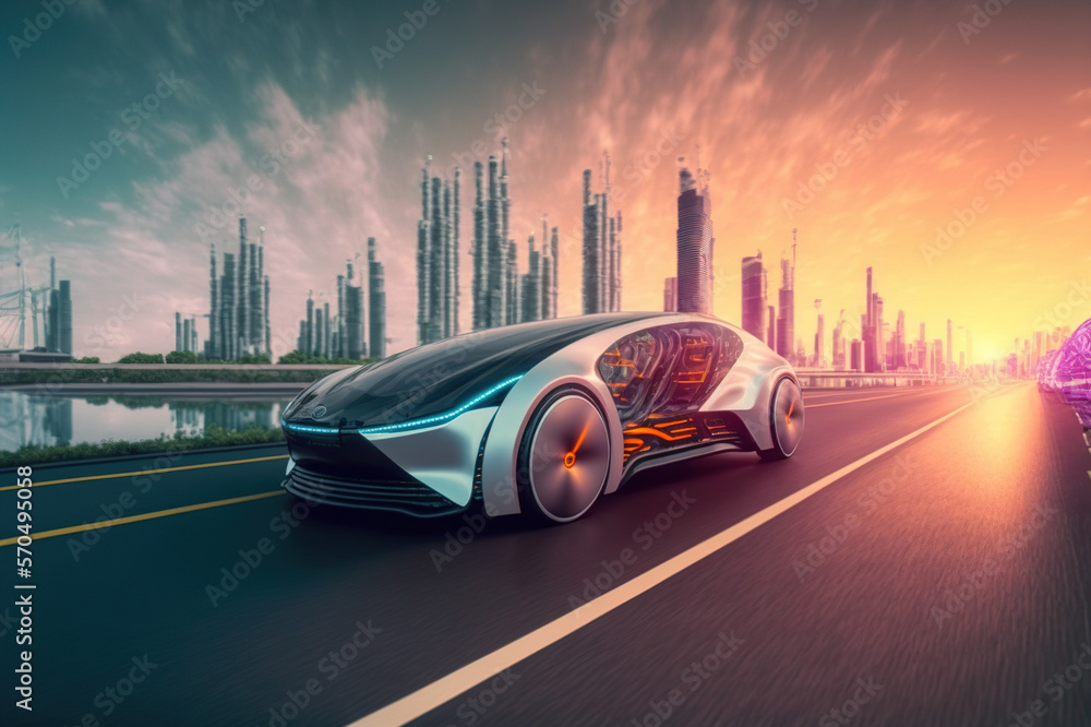 Fast electric car with luxury futuristic autonomous sensor software driving on road in downtown city