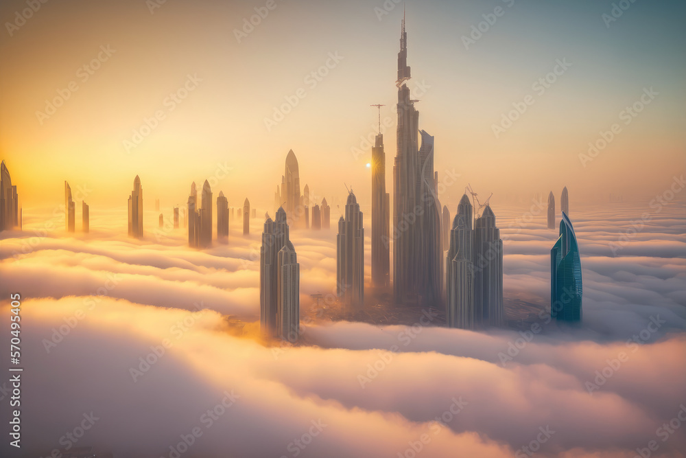 Top of skyscrapers building high above the clouds in the morning sunrise . Futuristic architecture o