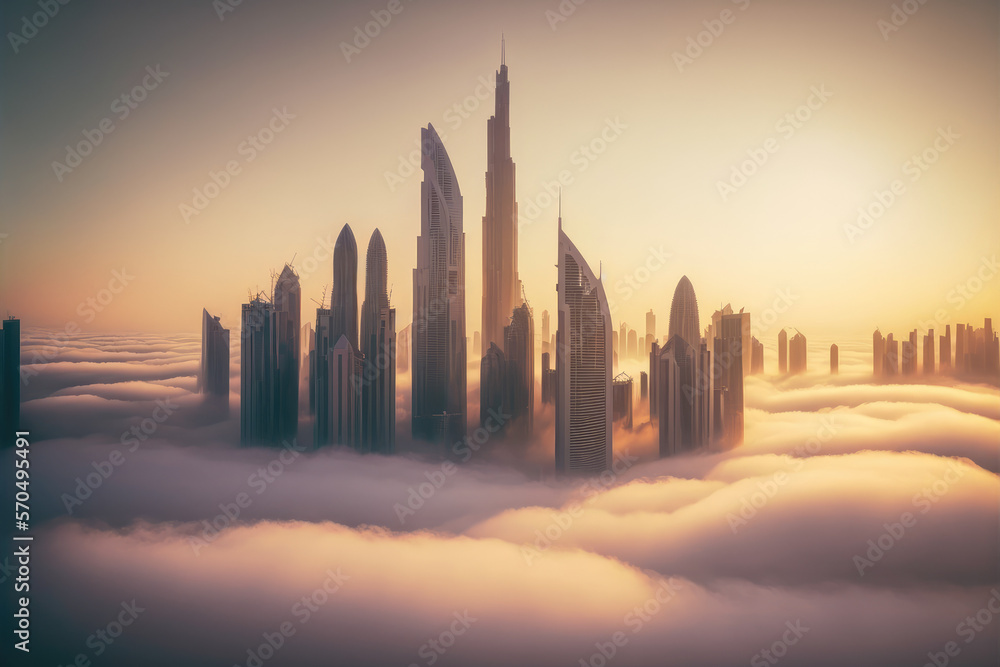 Top of skyscrapers building high above the clouds in the morning sunrise . Futuristic architecture o