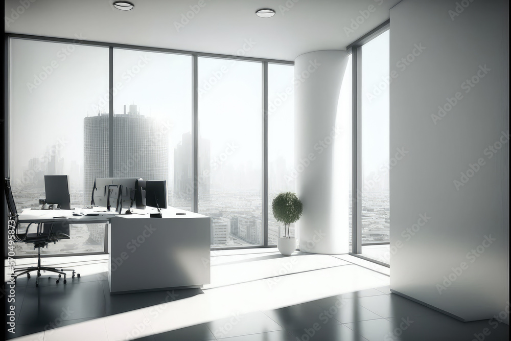 Empty modern office background in city center . Workspace interior design . Clean and bright office 